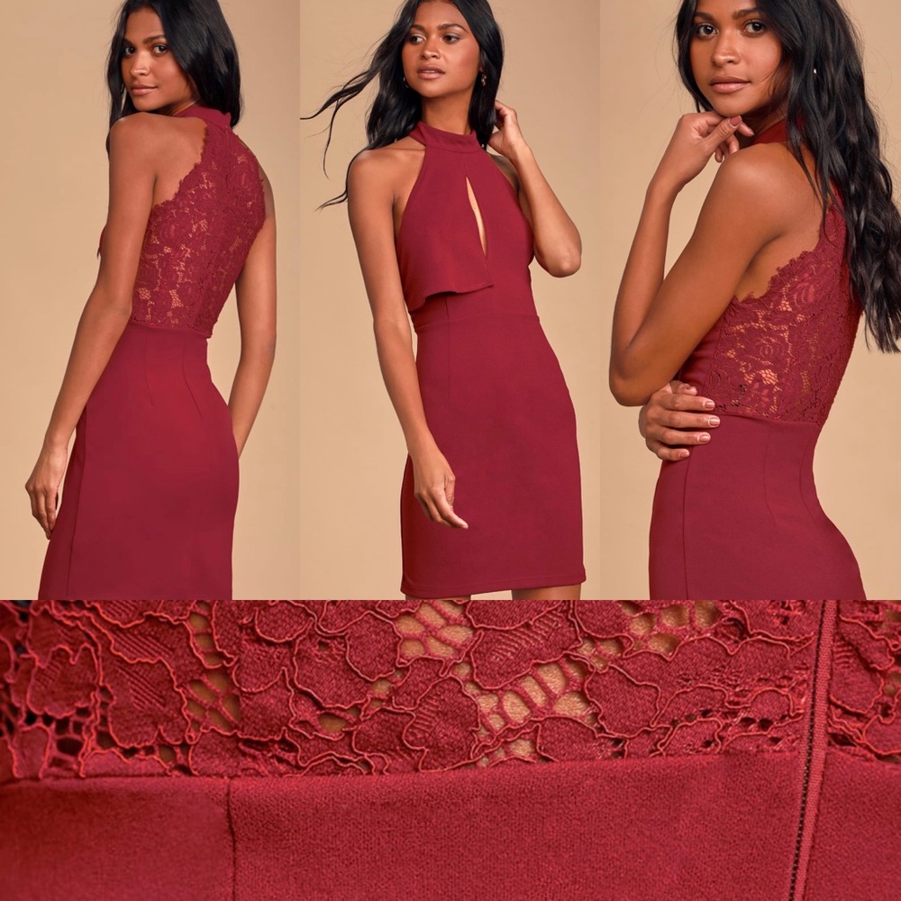 Rayleigh Burgundy Lace Halter Bodycon Mini Dress
